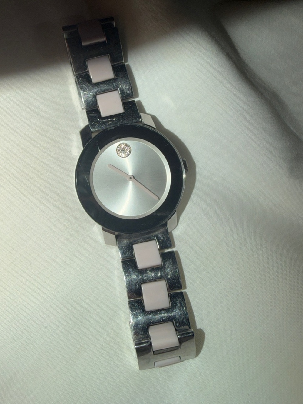 Movado BOLD Silver and Rose Pink Ceramic Bracelet Watch with Crystal Accents